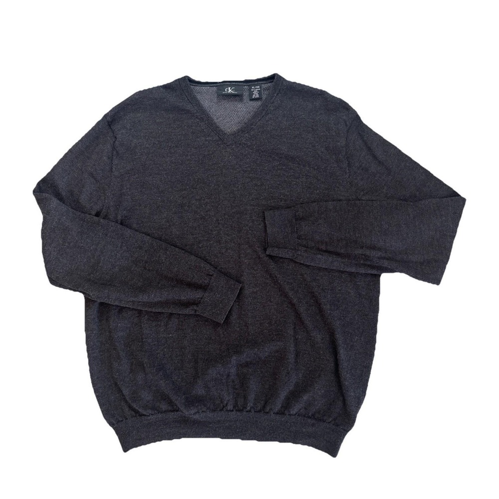 VTG Calvin Klein Mens XL Charcoal 100% Extra Fine Merino Wool V-Neck Sweater EUC